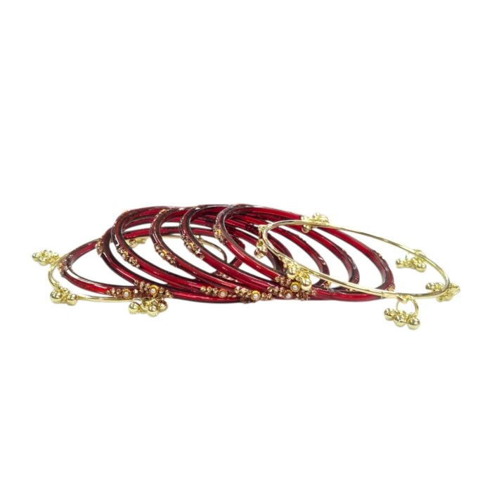 Elegant Glass Bangles with Pearl & Stone Accents with Kashmiri Ghungroo Bangles - Maroon - Image 7