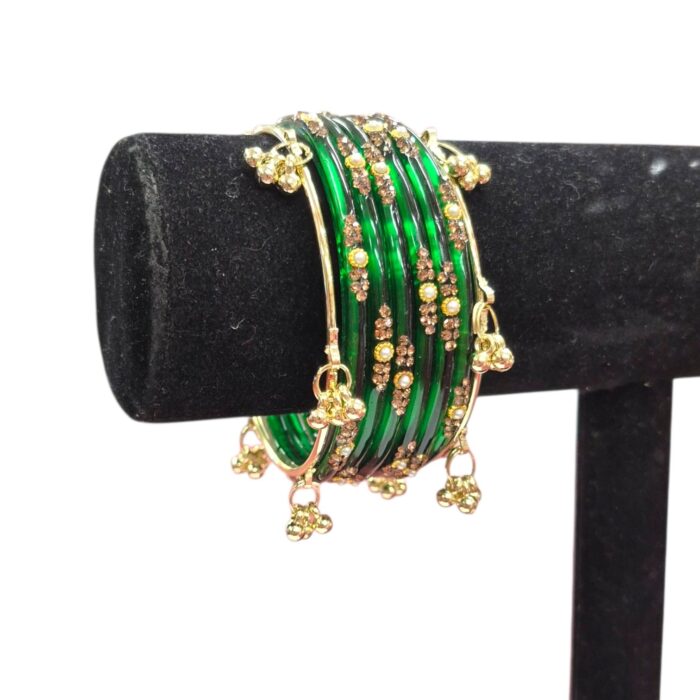 Elegant Glass Bangles with Pearl & Stone Accents with Kashmiri Ghungroo Bangles - Green - Image 3