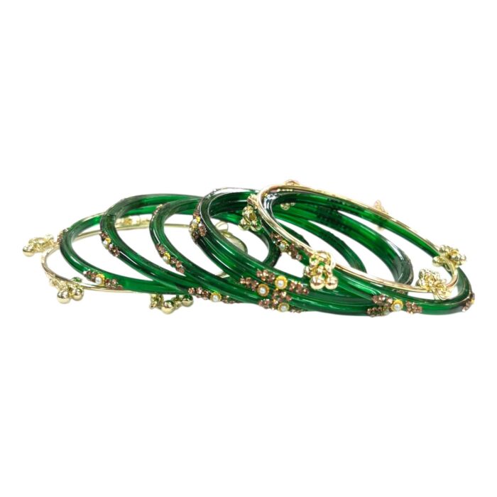 Elegant Glass Bangles with Pearl & Stone Accents with Kashmiri Ghungroo Bangles - Green - Image 7