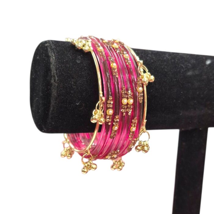 Elegant Glass Bangles with Pearl & Stone Accents with Kashmiri Ghungroo Bangles - Pink - Image 4