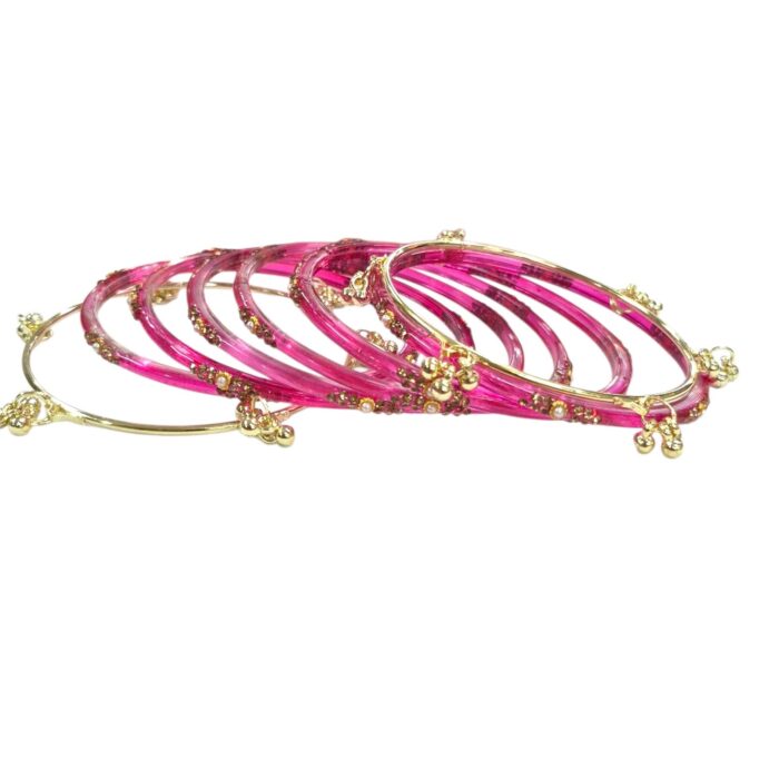Elegant Glass Bangles with Pearl & Stone Accents with Kashmiri Ghungroo Bangles - Pink - Image 7