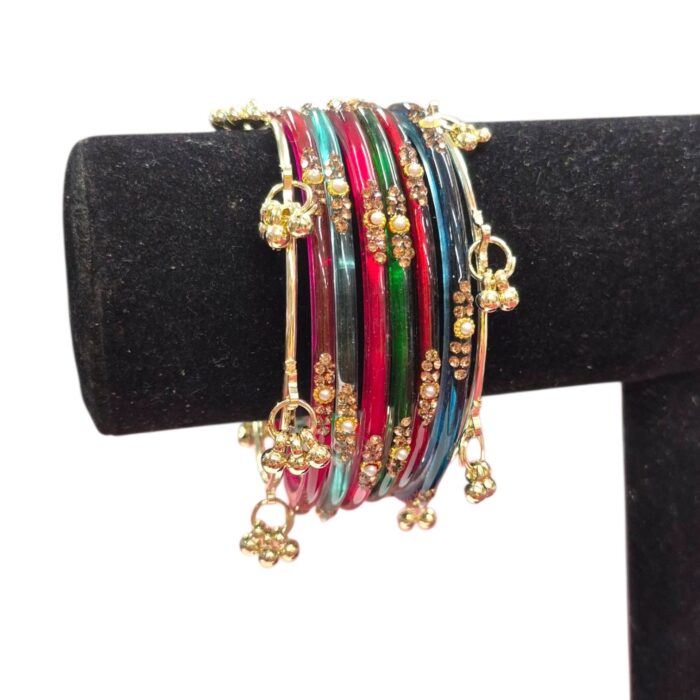 Elegant Glass Bangles with Pearl & Stone Accents with Kashmiri Ghungroo Bangles - Zee colors - Image 3