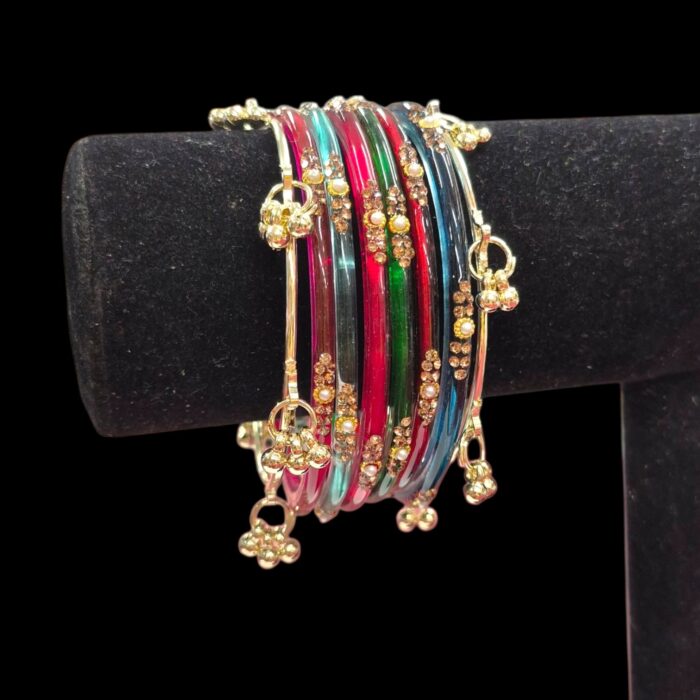 Elegant Glass Bangles with Pearl & Stone Accents with Kashmiri Ghungroo Bangles - Zee colors - Image 6