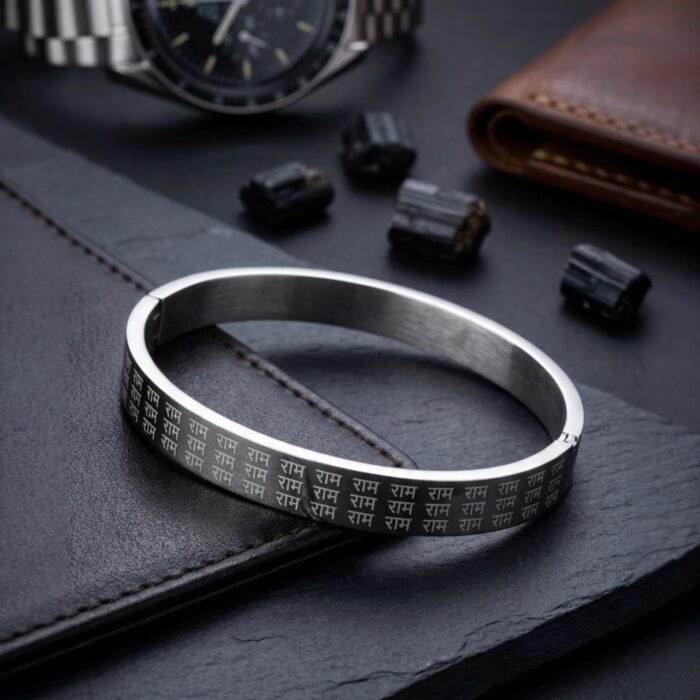 Stainless steel bracelet with Ram engraving | Unisex spiritual kada