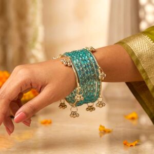 Clear Raindrop glass bangles stack set with Kashmiri ghungroo addons