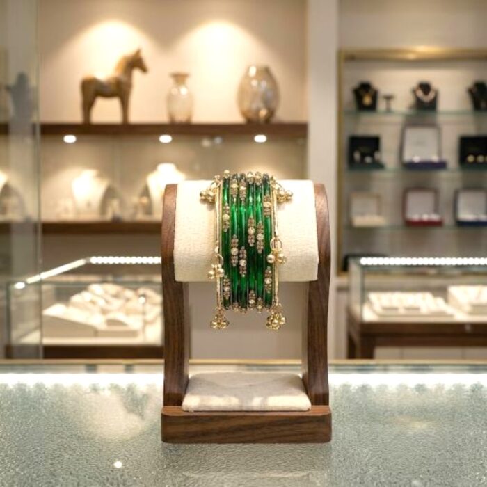 Elegant Glass Bangles with Pearl & Stone Accents with Kashmiri Ghungroo Bangles - Green - Image 2