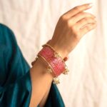 Pink raindrop glass bangles stack set with Kashmiri Ghungroo Set in Canada
