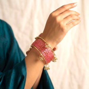 Pink raindrop glass bangles stack set with Kashmiri Ghungroo Set in Canada