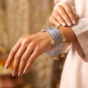 Grey raindrop glass bangles stack set with Kashmiri Ghungroo Set in Canada