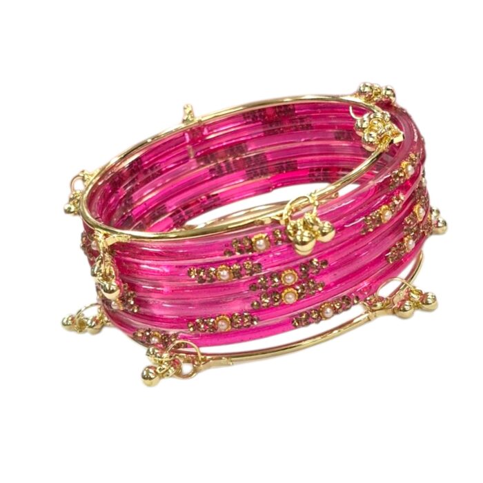 Clear Glass Bangles with Kashmiri Ghungroo| Soundarya Kashmiri Set - Pink - Image 6