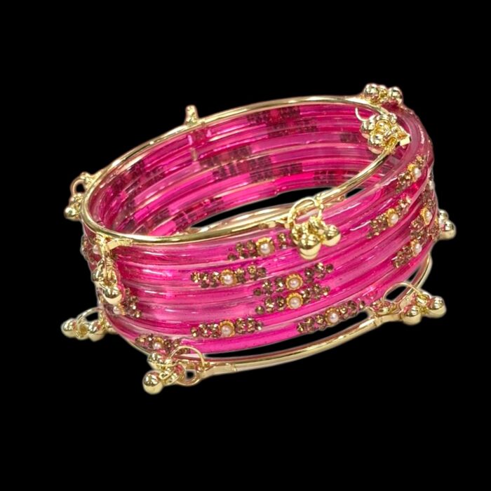 Clear Glass Bangles with Kashmiri Ghungroo| Soundarya Kashmiri Set - Pink - Image 3