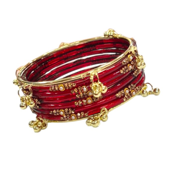 Close up of Maroon Glass Bangles with Kashmiri Ghungroo Set