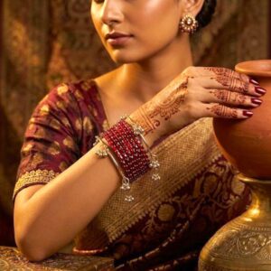 Maroon Clear Raindrop glass bangles stack set with Kashmiri ghungroo addons