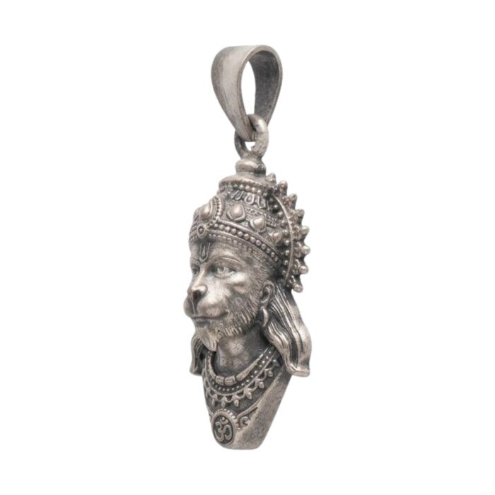 Side view of the pure silver pendant of Hanuman