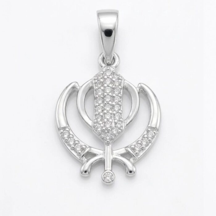 Pure Silver Khanda sahib Pendant with cz stones