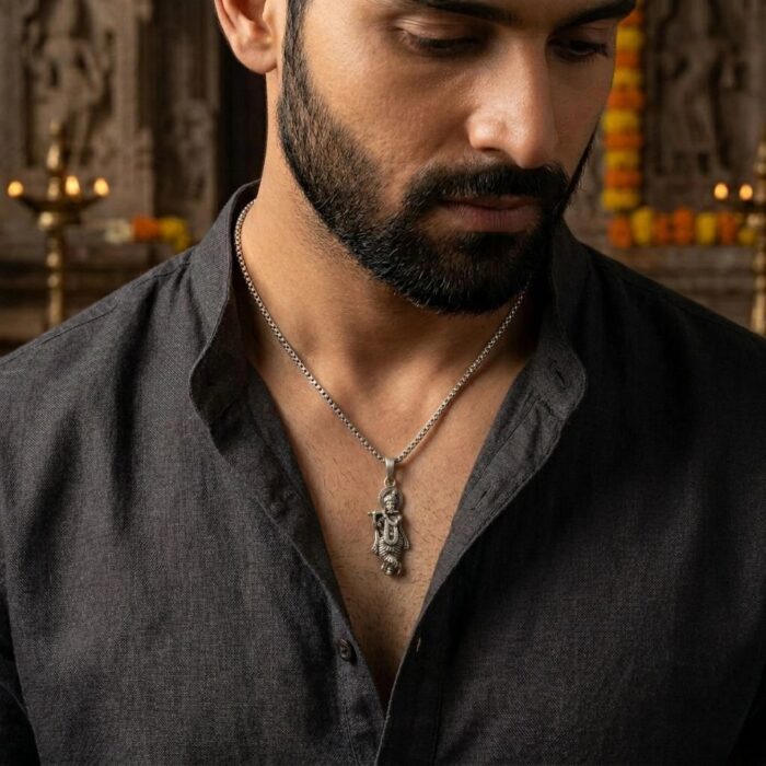 Model wearing Pure silver Krishna Pendant | 925 sterling silver