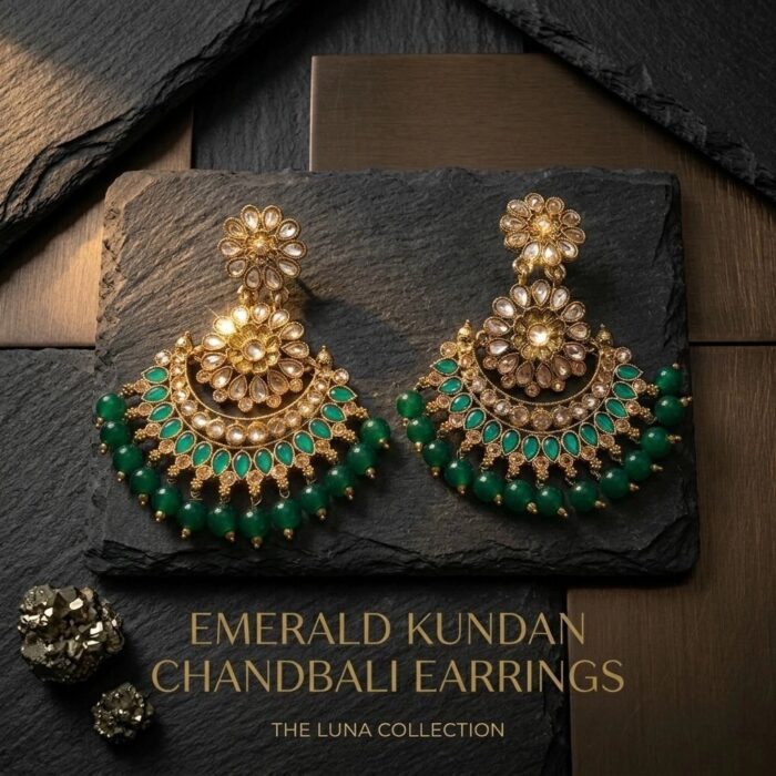 Traditional Kundan crescent chand earrings with Green beads