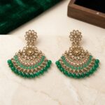 Ethnic crescent chand earrings with kundan stones and green beads