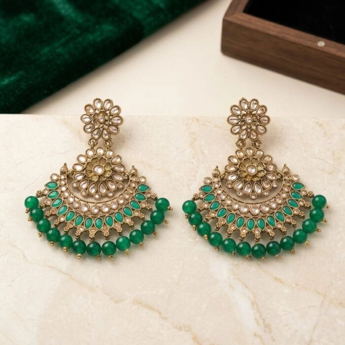 Ethnic crescent chand earrings with kundan stones and green beads