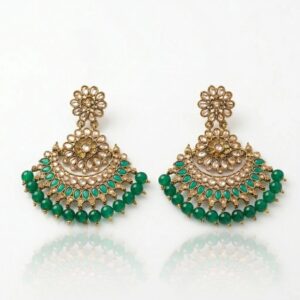 Kundan Chand earrings with green bead work golden oxidized finish