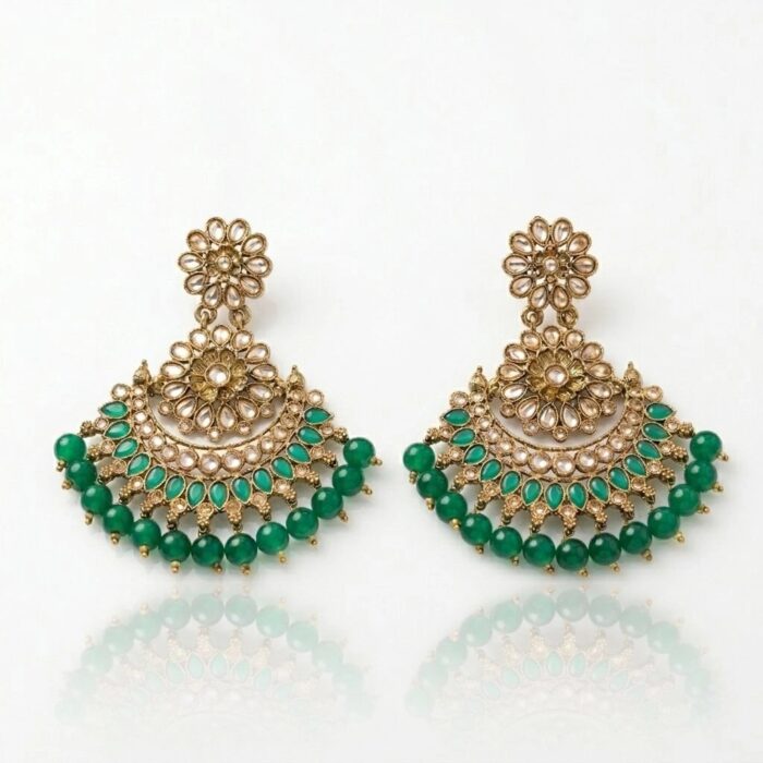 Kundan Chand earrings with green bead work golden oxidized finish