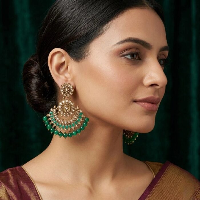 Statement Kundan Chand earrings with bead detailing