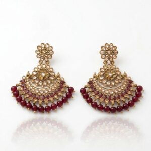 Kundan Chand earrings with Maroon bead work golden oxidized finish