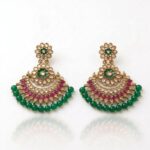 Kundan Chand earrings with green bead work golden oxidized finish with Rani Highlights