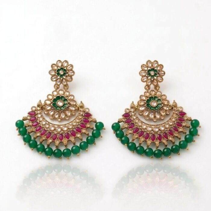 Kundan Chand earrings with green bead work golden oxidized finish with Rani Highlights