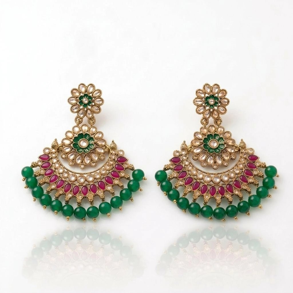 Kundan Chand earrings with green bead work golden oxidized finish with Rani Highlights