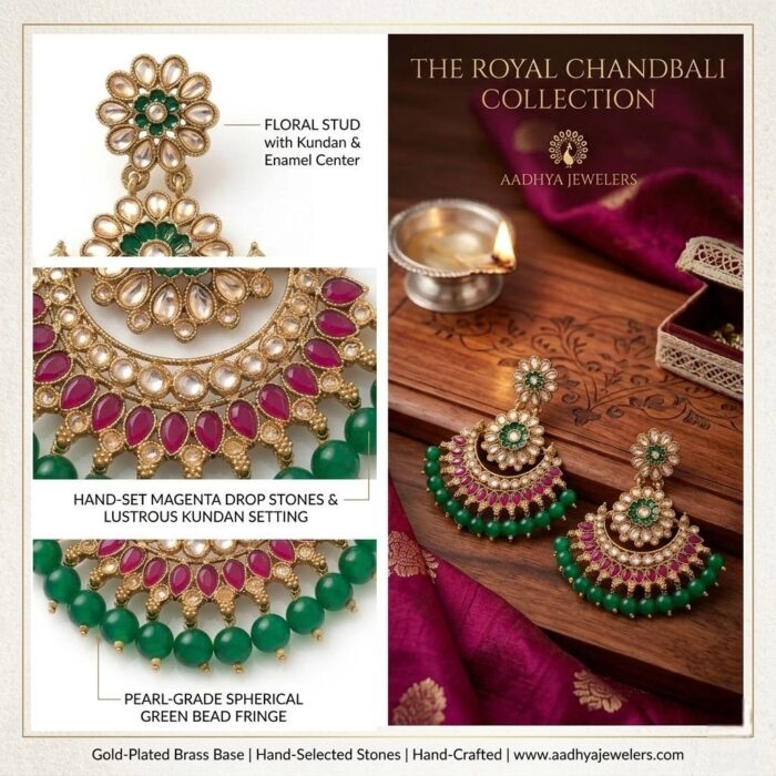 Green bead Kundan Chand earrings Indian jewelry | Party wear Earrings