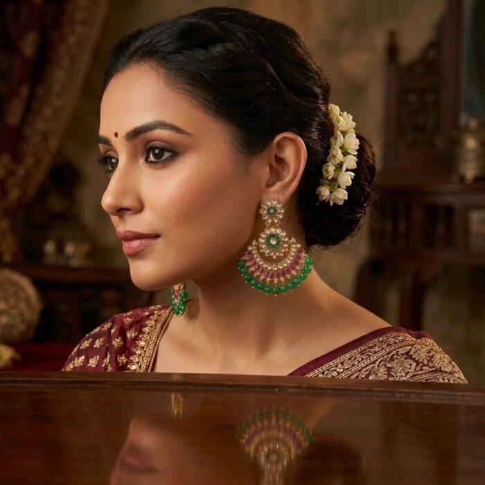 Statement Kundan Chand earrings with bead detailing