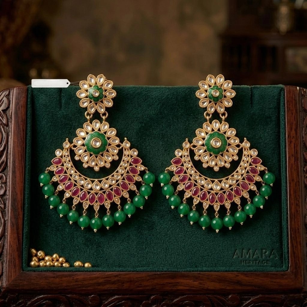 Match your attire with these Kundan Earrings with green beads and Rani highlights