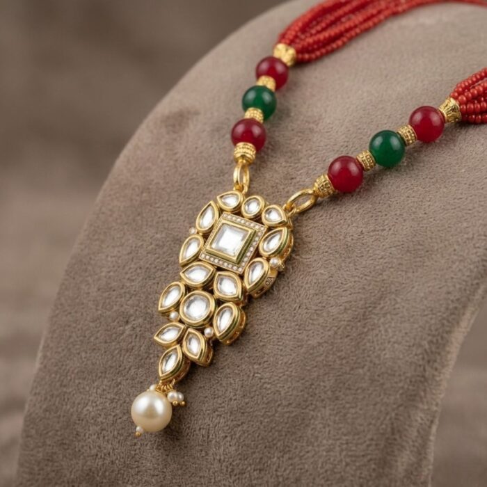 Necklace with earrings | Kundan Pendant Necklace and Earring Set - Image 4