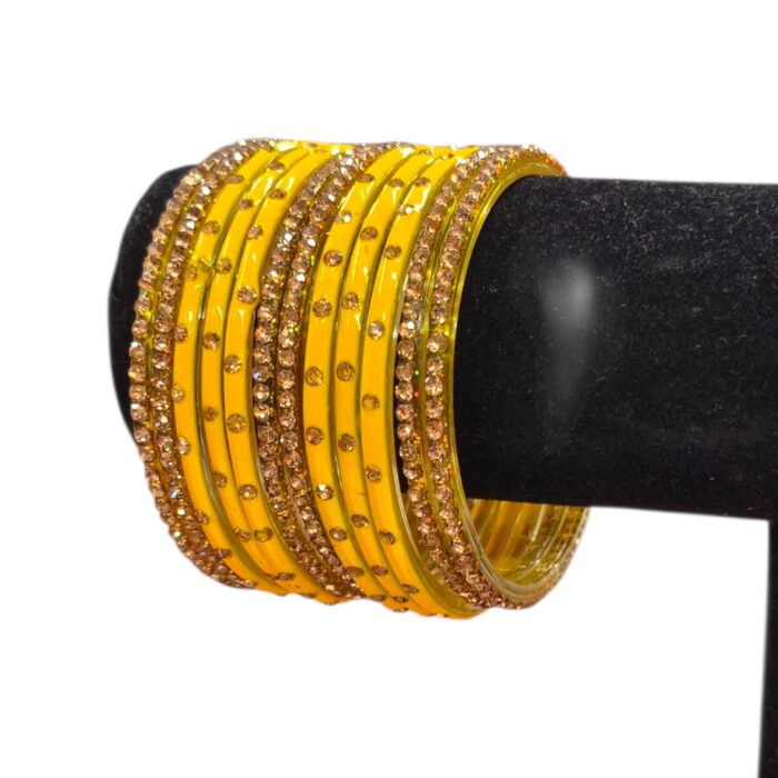 Glass Bangles studded with CZ Stones - Golden with Yellow - Image 4