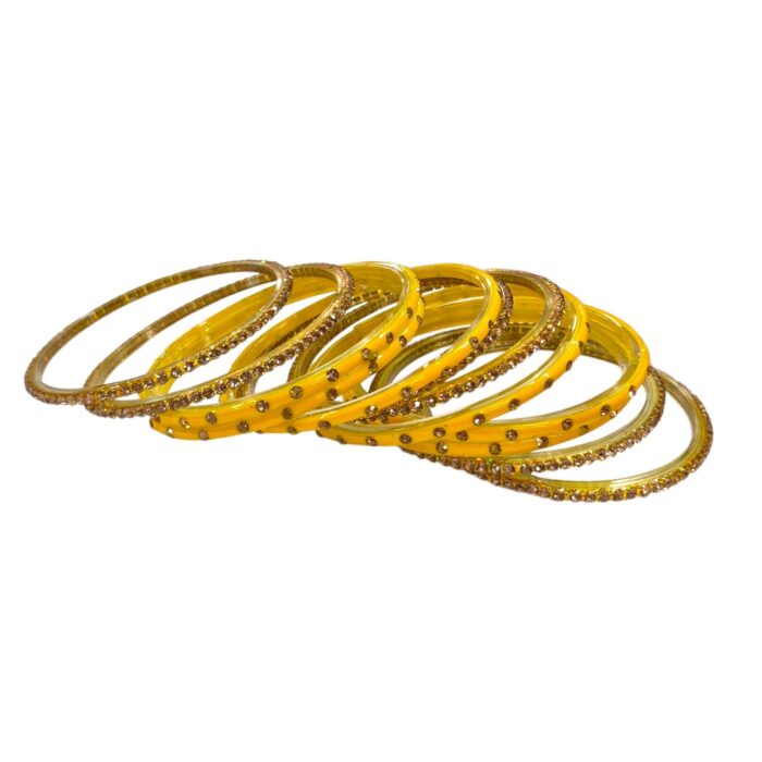 Glass Bangles studded with CZ Stones - Golden with Yellow - Image 3