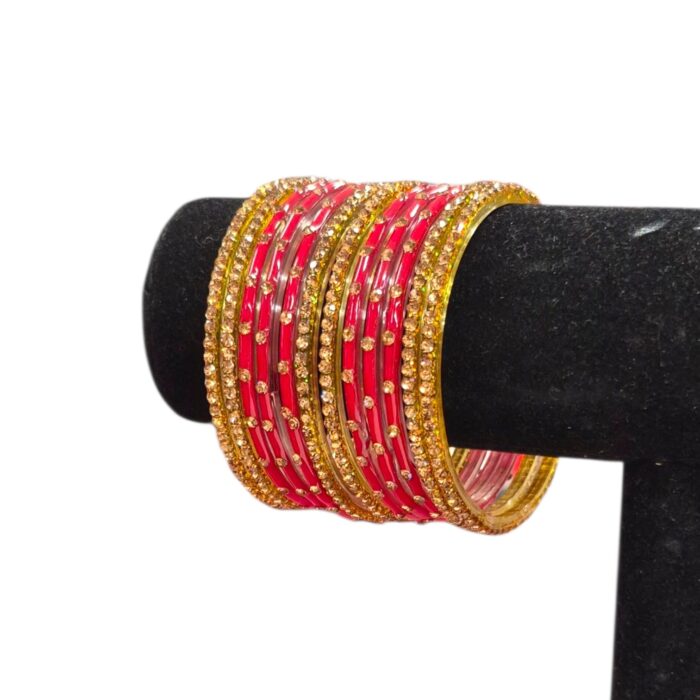 Glass Bangles studded with CZ Stones - Golden with Red - Image 3