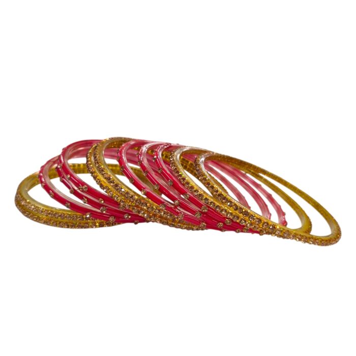 Glass Bangles studded with CZ Stones - Golden with Red - Image 4