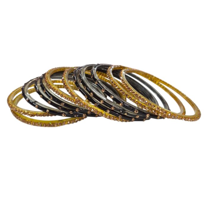 Glass Bangles studded with CZ Stones - Golden with Black - Image 4