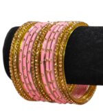 Glass Bangles studded with CZ Stones - Golden with Lite Pink - Image 3