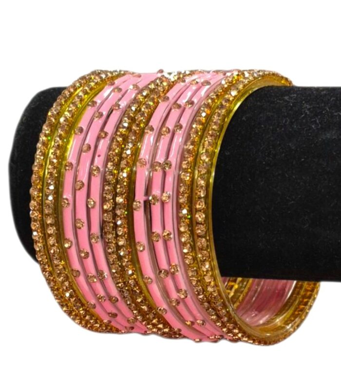 Glass Bangles studded with CZ Stones - Golden with Lite Pink - Image 3