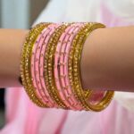 Glass Bangles studded with CZ Stones - Golden with Lite Pink