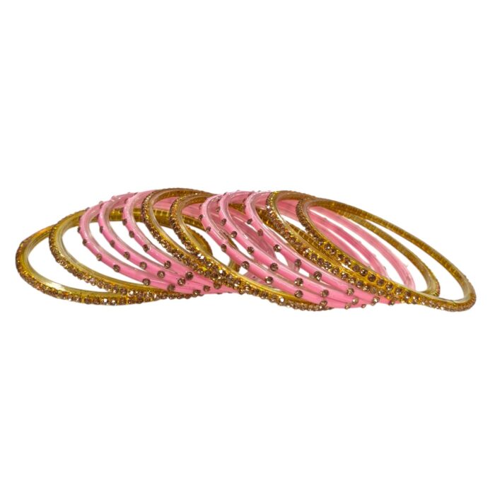 Glass Bangles studded with CZ Stones - Golden with Lite Pink - Image 4