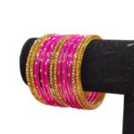 Glass Bangles studded with CZ Stones - Golden with Pink - Image 3