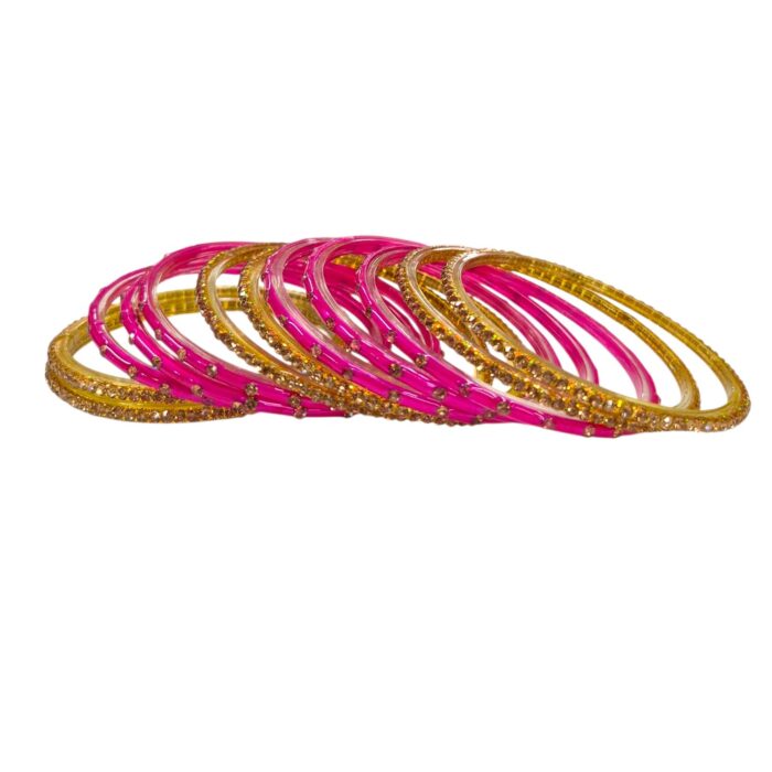 Glass Bangles studded with CZ Stones - Golden with Pink - Image 4