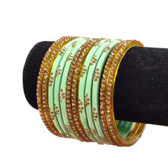 Glass Bangles studded with CYZ Stones - Golden with Lite Green - Image 3