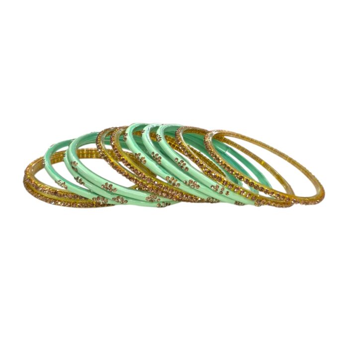 Glass Bangles studded with CYZ Stones - Golden with Lite Green - Image 4
