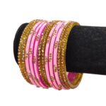 Glass Bangles studded with CYZ Stones - Golden with Baby Pink - Image 3