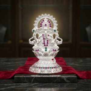 Pure Silver Ganesha Idol with embedded Color stones
