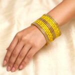 Glass Bangles studded with CZ Stones - Golden with Yellow